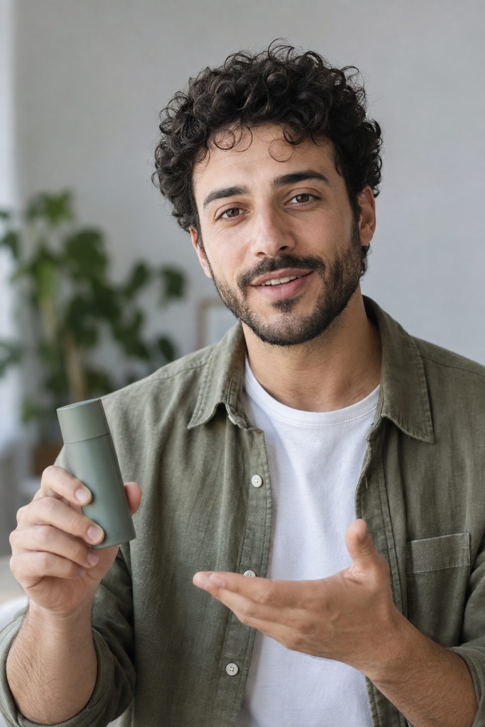 Illustrative lifestyle creator holding a grooming product